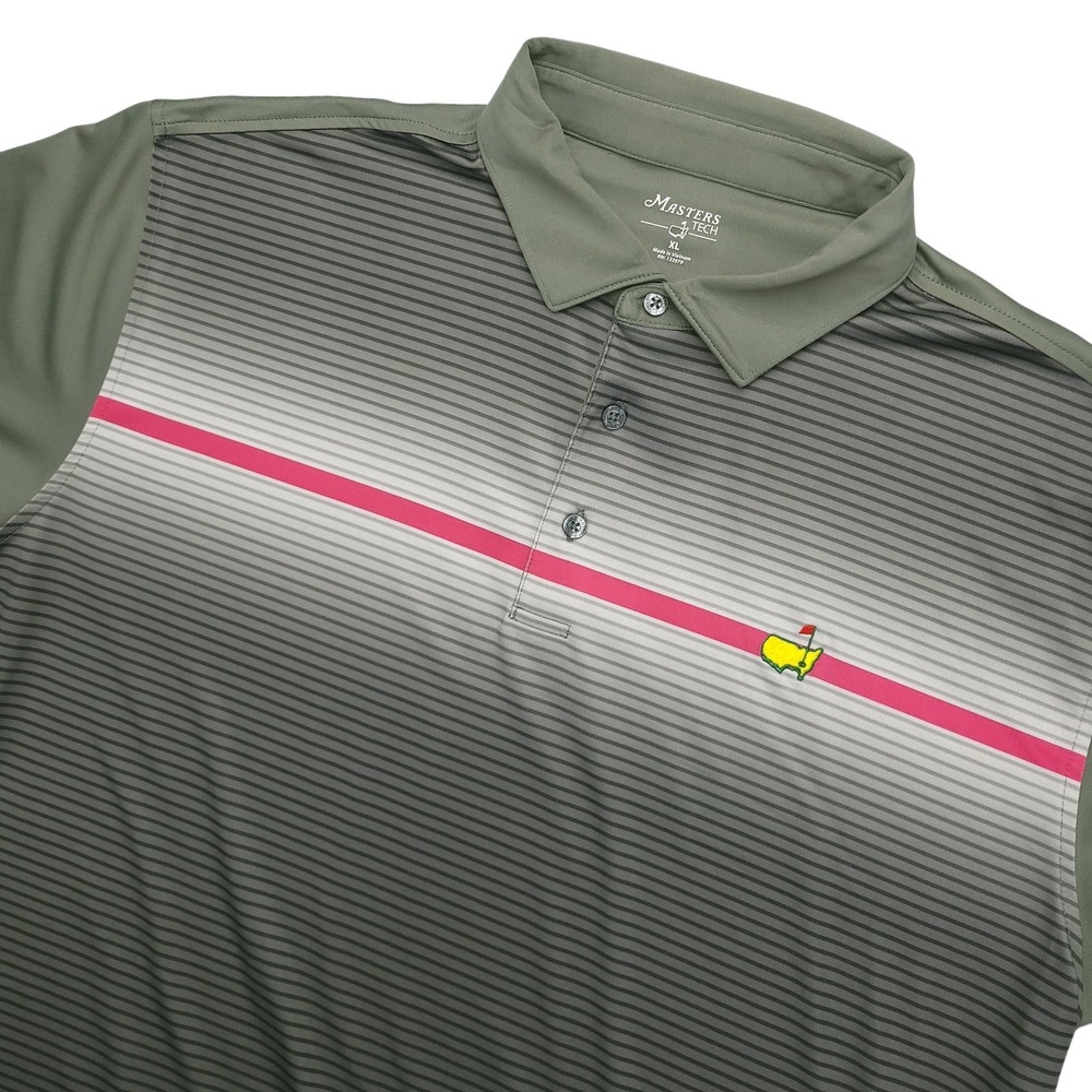 Masters Tech Shirt Mens XL Green Gray Golf Polo Striped Performance Logo